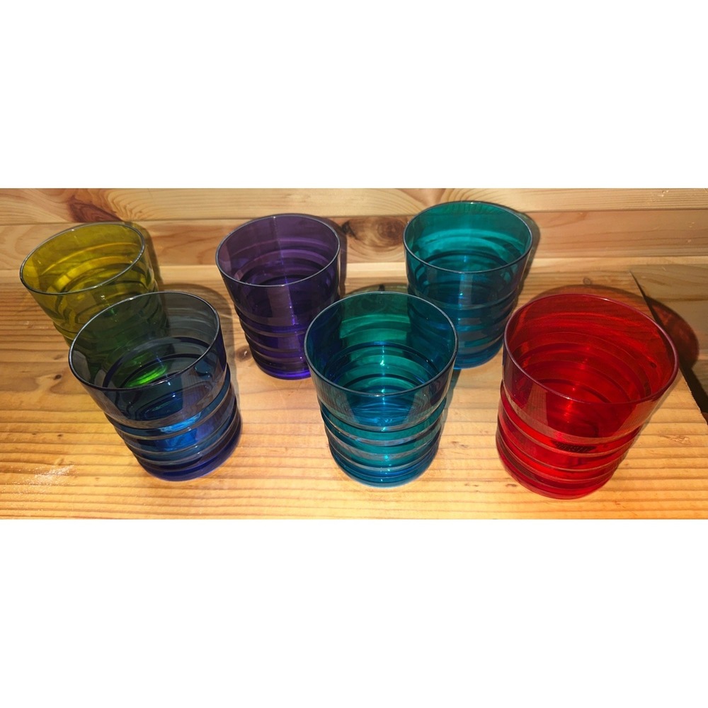Set Of 6 - 14 ounce Acrylic Glasses Plastic Tumbler Multicolor - Ribbed Style